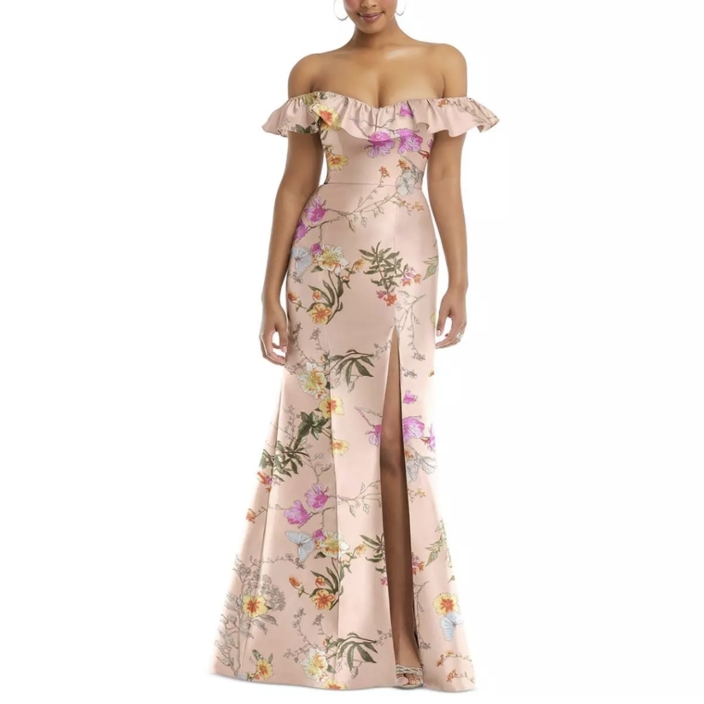 Elegant Strapless Floral Gown - Cream